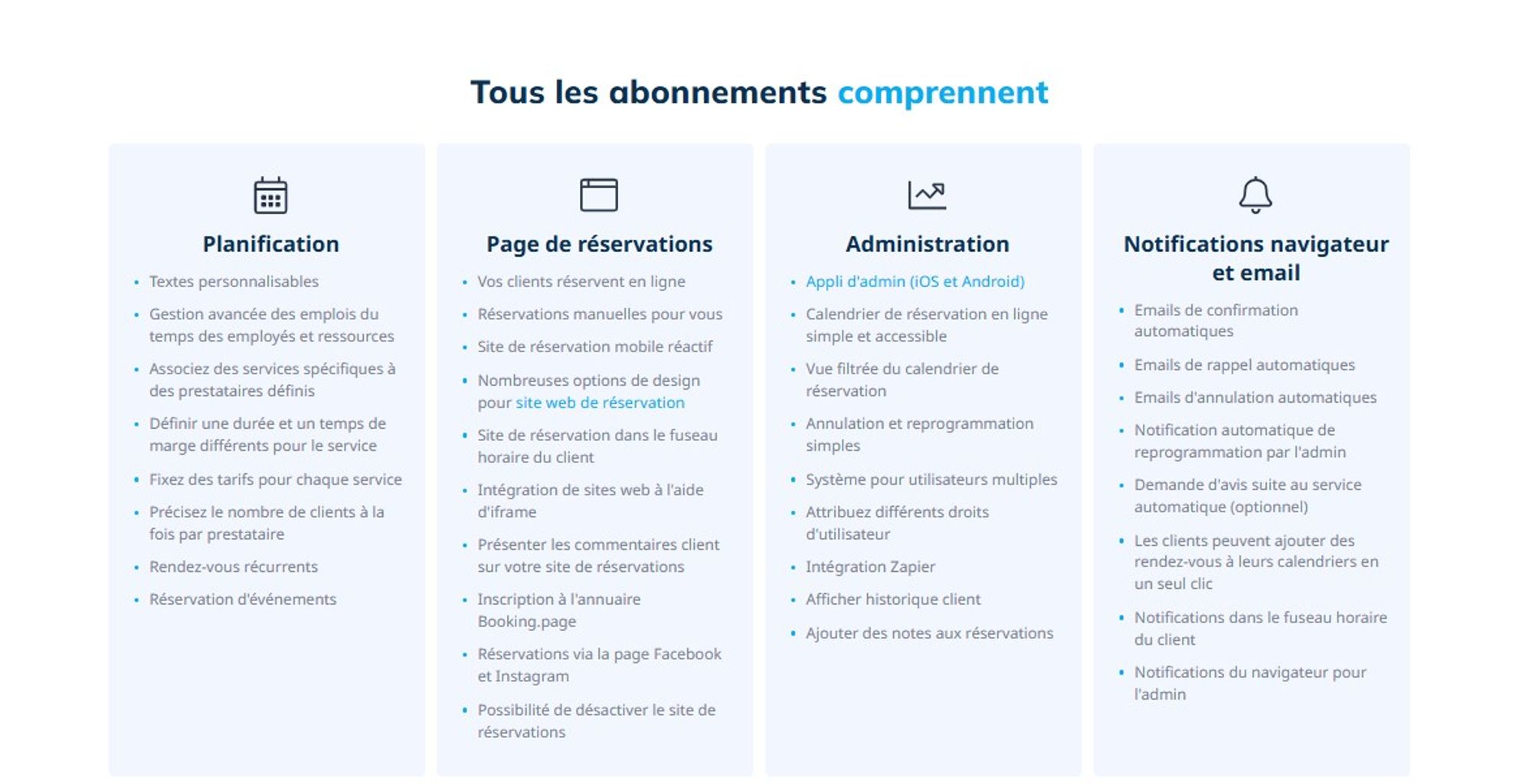 capture d’écran des fonctionnalités de simplybook.me dans toutes les formules